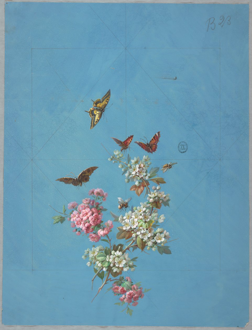 Design para papel de parede e têxteis: flores e borboletas de Unknown artist