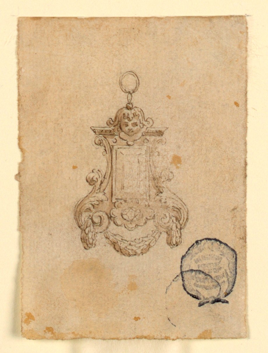 Design para um pingente com volutas de folha e cabeça de criança de Unknown artist