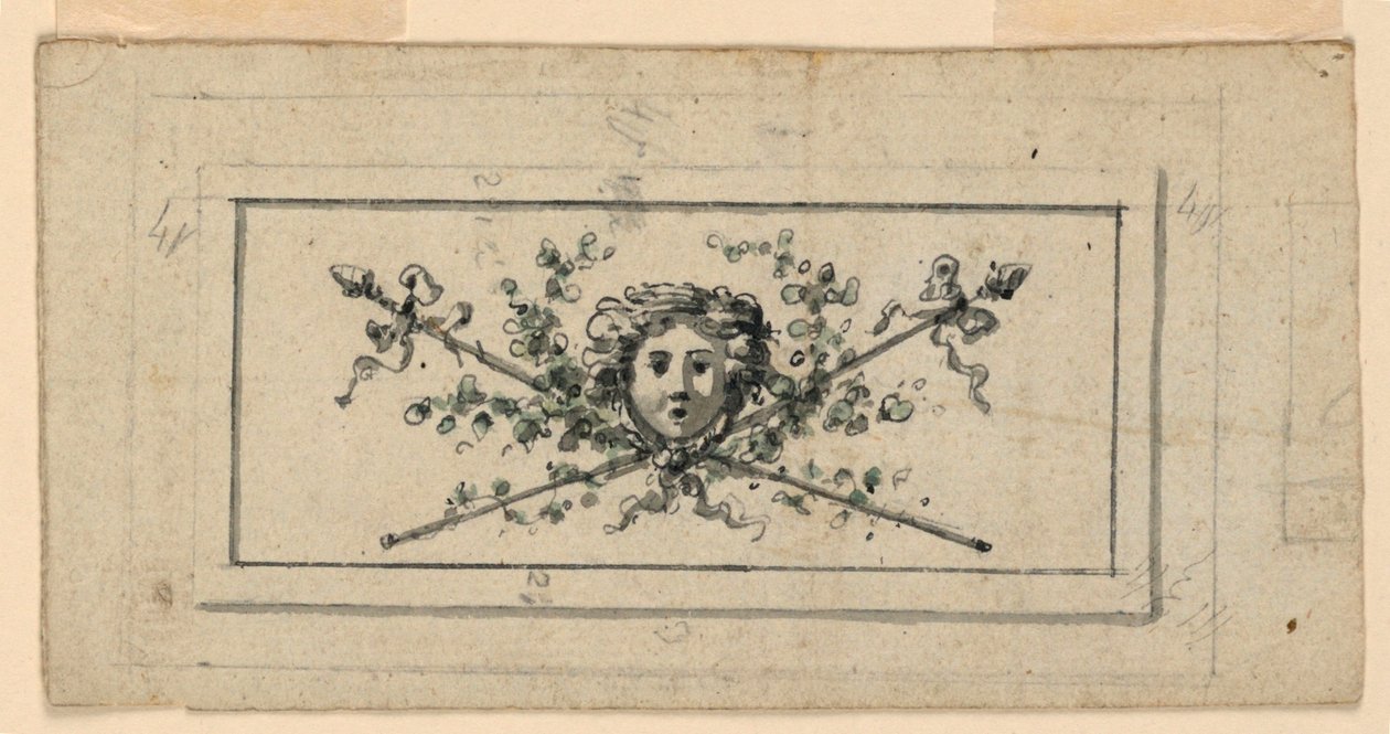 Design para um painel com uma cabeça na frente de dois tirsos cruzados de Unknown artist