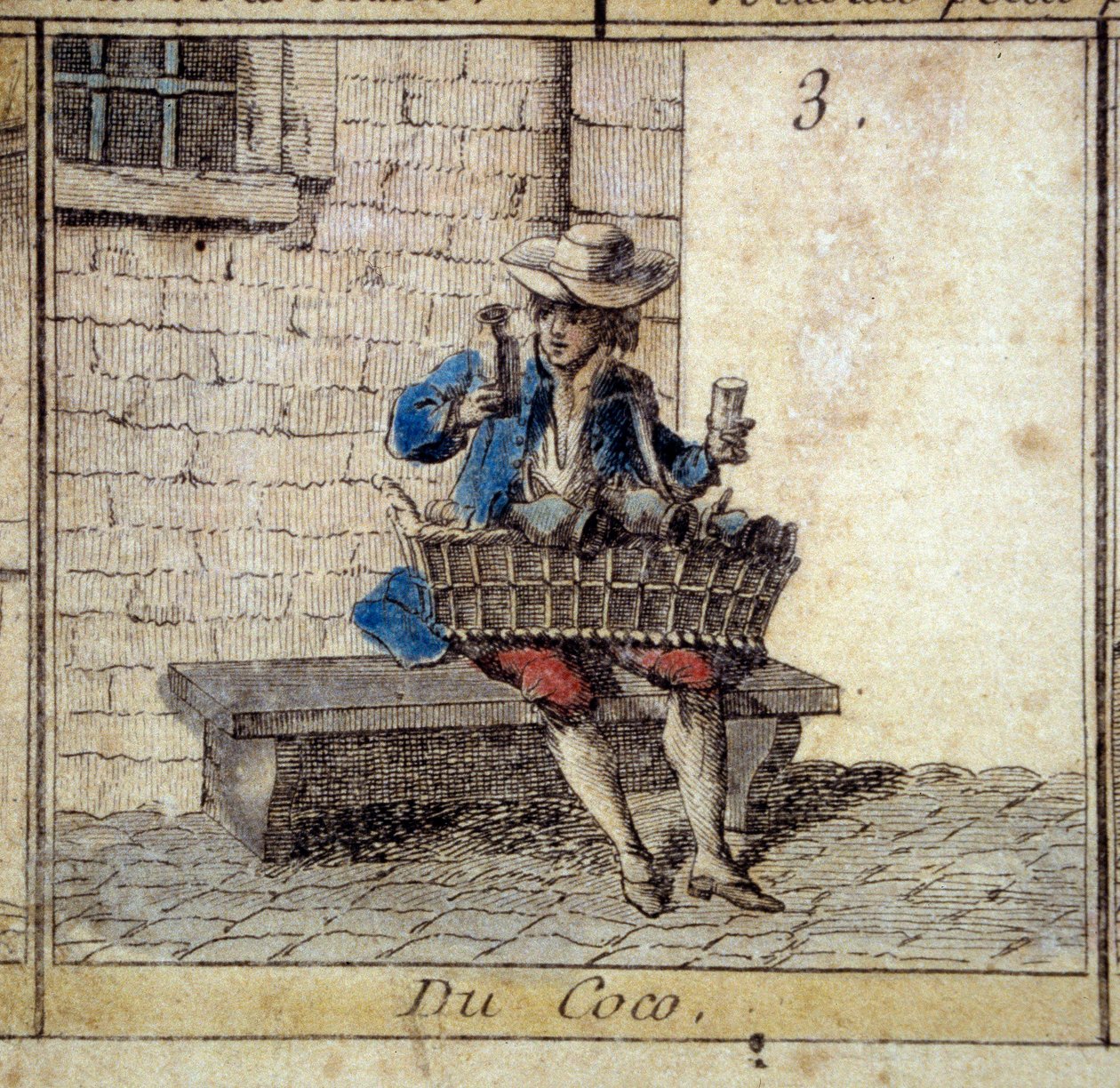 Detalhe do jogo do Ganso do Cree de Paris: o mercador de coco (vendendo bugigangas). Gravura do século XVIII. Coll. Partida. de Unknown artist