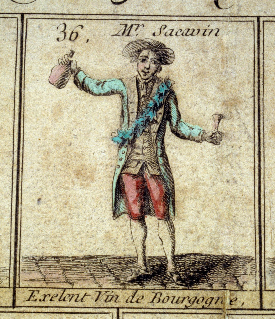 Detalhe do jogo do Ganso do Cree de Paris: Sr. Sacavin, bebedor de vinho de Bourgogne. Gravura do século XVIII. Coll. Go. de Unknown artist