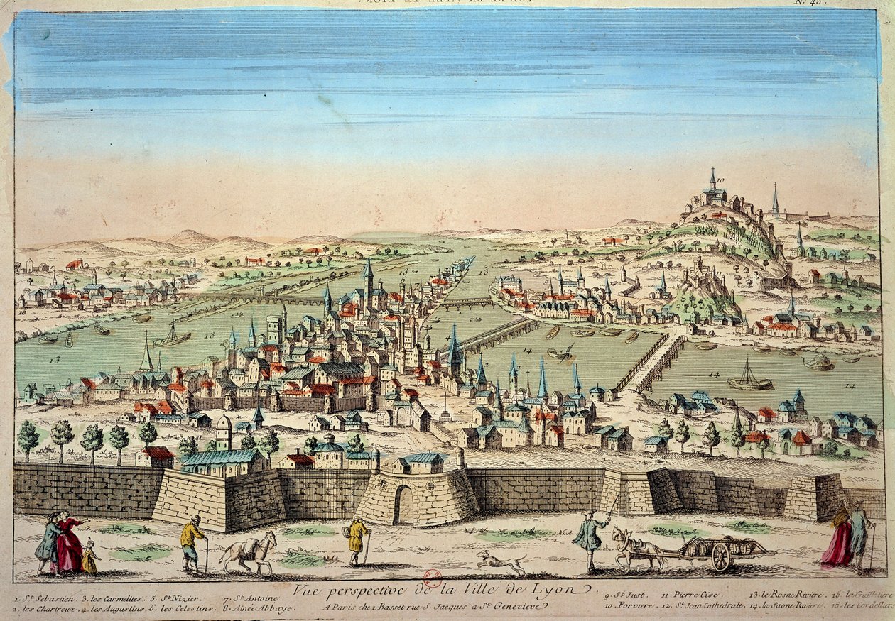 Vista detalhada da cidade de Lyon nas margens do Ródano e do Saone. Gravura do século XVII Paris B.N. de Unknown artist