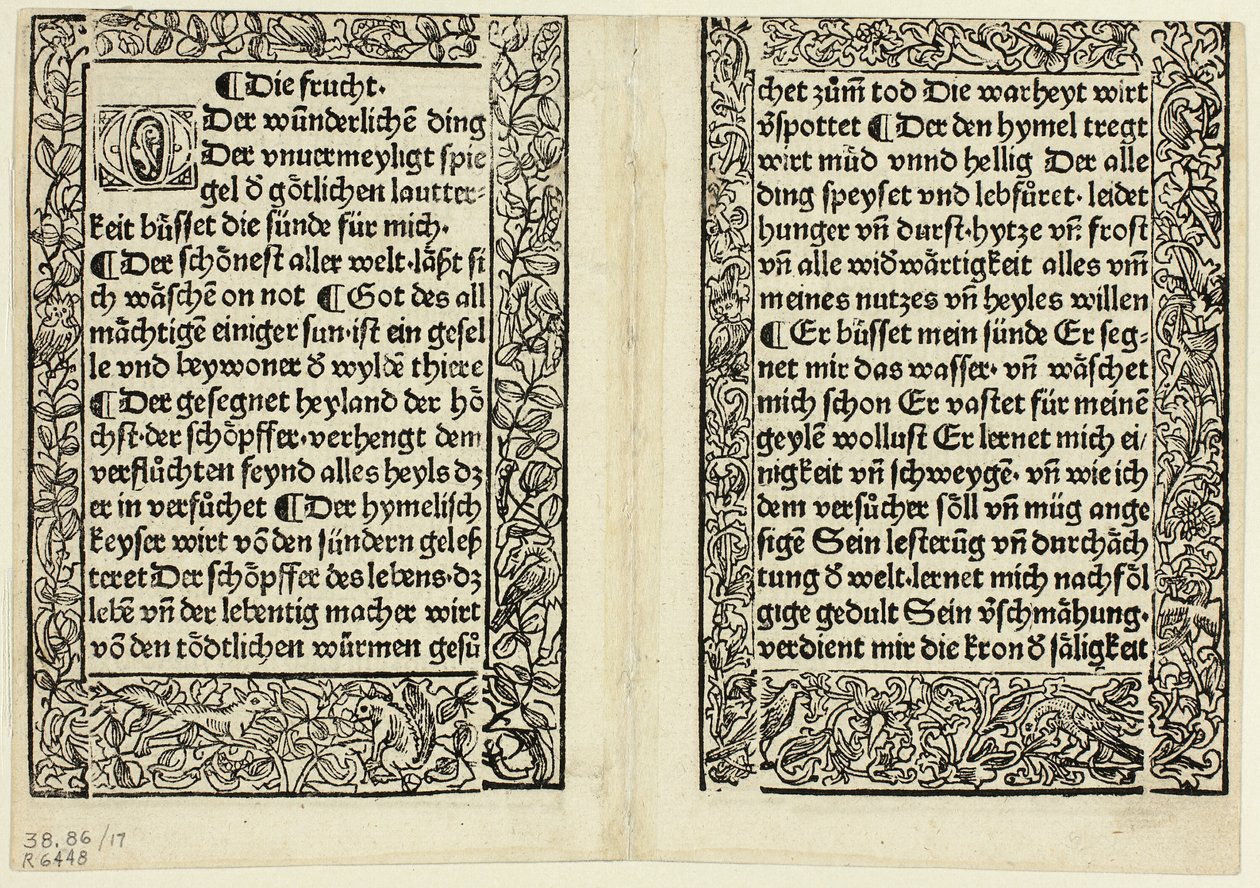 Passagens devocionais com bordaduras ornamentais de Andächtig Zeitglöcklein des Leben und Leidens Christi, Prato 17 de xilogravuras de livros do século XV de Unknown artist
