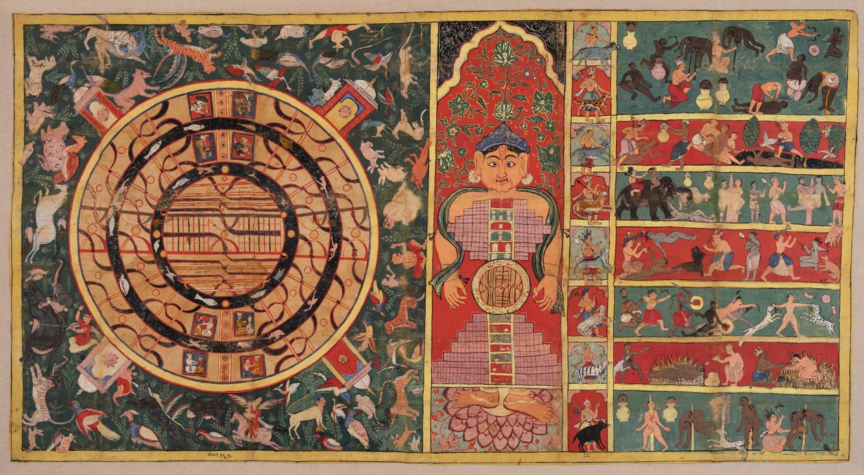 Diagramas do universo: os dois continentes e meio, o universo na forma de uma pessoa e os sete níveis do inferno de Unknown artist