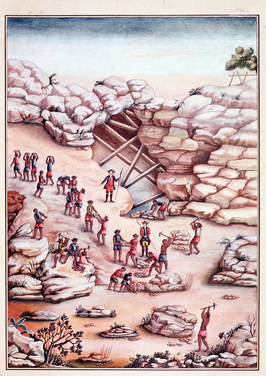 Mineração de diamantes em uma mina no Brasil. Aquarela do século XVIII Rio de Janeiro, Biblioteca Nazionale de Unknown artist