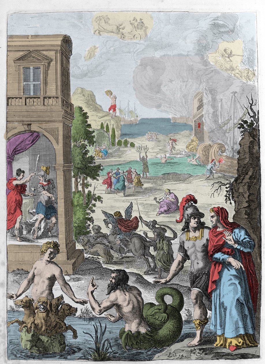 Diferentes metamorfoses, em primeiro plano Scylla e o deus marinho Glaucos apaixonado por ela, em segundo plano o Iphis rejeitado enforcado por Anaxarete. Ilustração retirada do livro XIV de "Metamorfoses" (Metamorfosi) de Ovide (43 AC-17 AD). Gravura 1 de Unknown artist