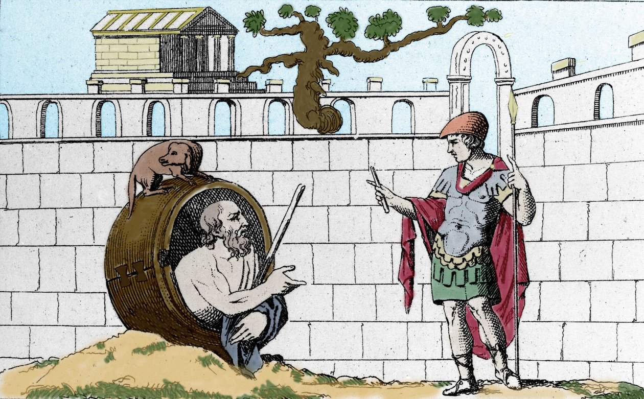 Diógenes o Cínico (413-327 a.C.), filósofo grego, em seu barril diz a Alexandre o Grande "Deixa-te ver o meu sol". de Unknown artist