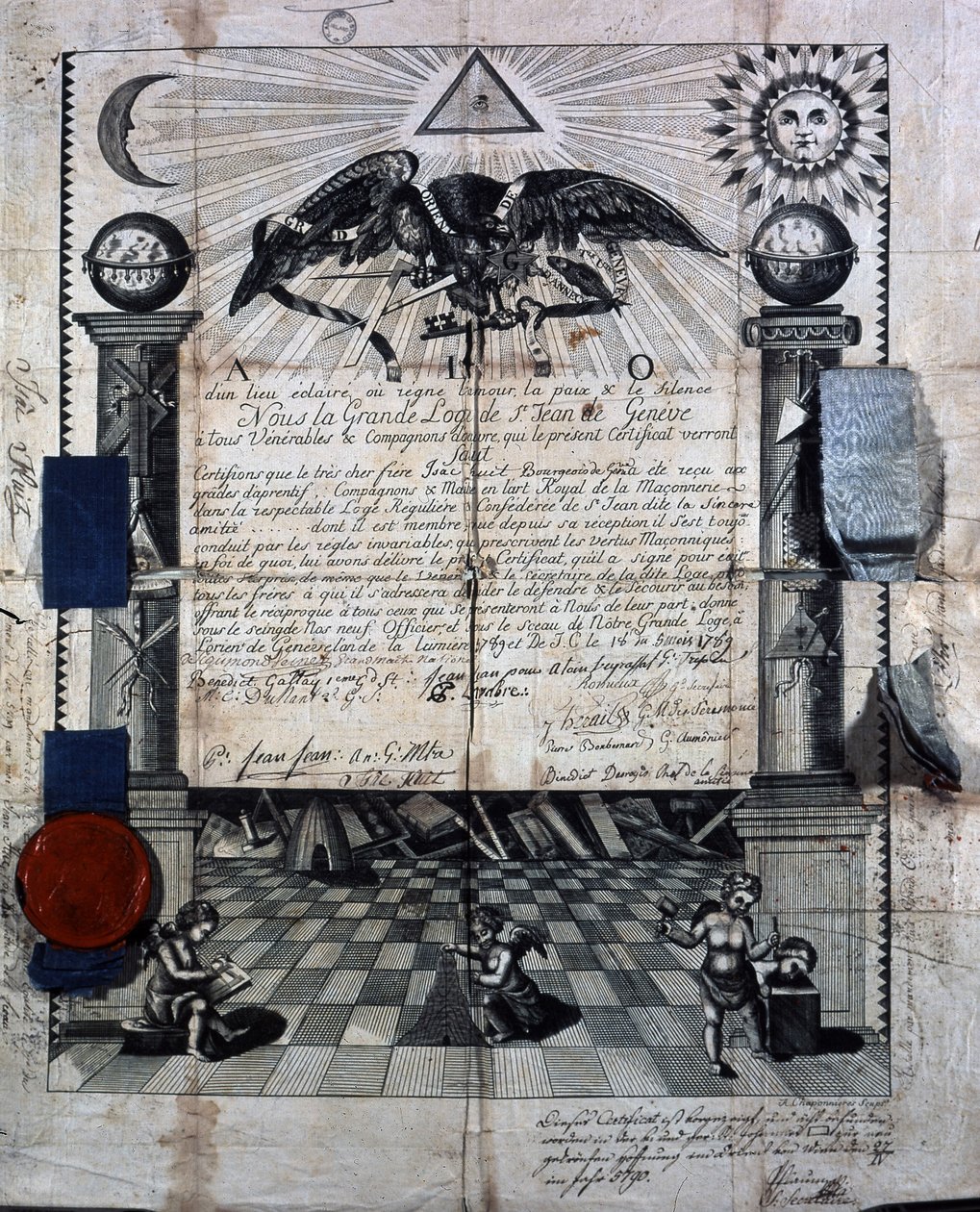 Diploma de Isaac Huit como Companheiro e Mestre na Arte da Alvenaria Real, concedido em 1789 pela Grande Loja de Saint Jean, em Genebra. de Unknown artist