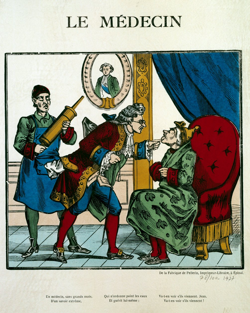 Cena de doutor representando um médico examinando um paciente, seu assistente atrás dele segura um clystere. Gravura do século XIX em Paris, B.N. de Unknown artist