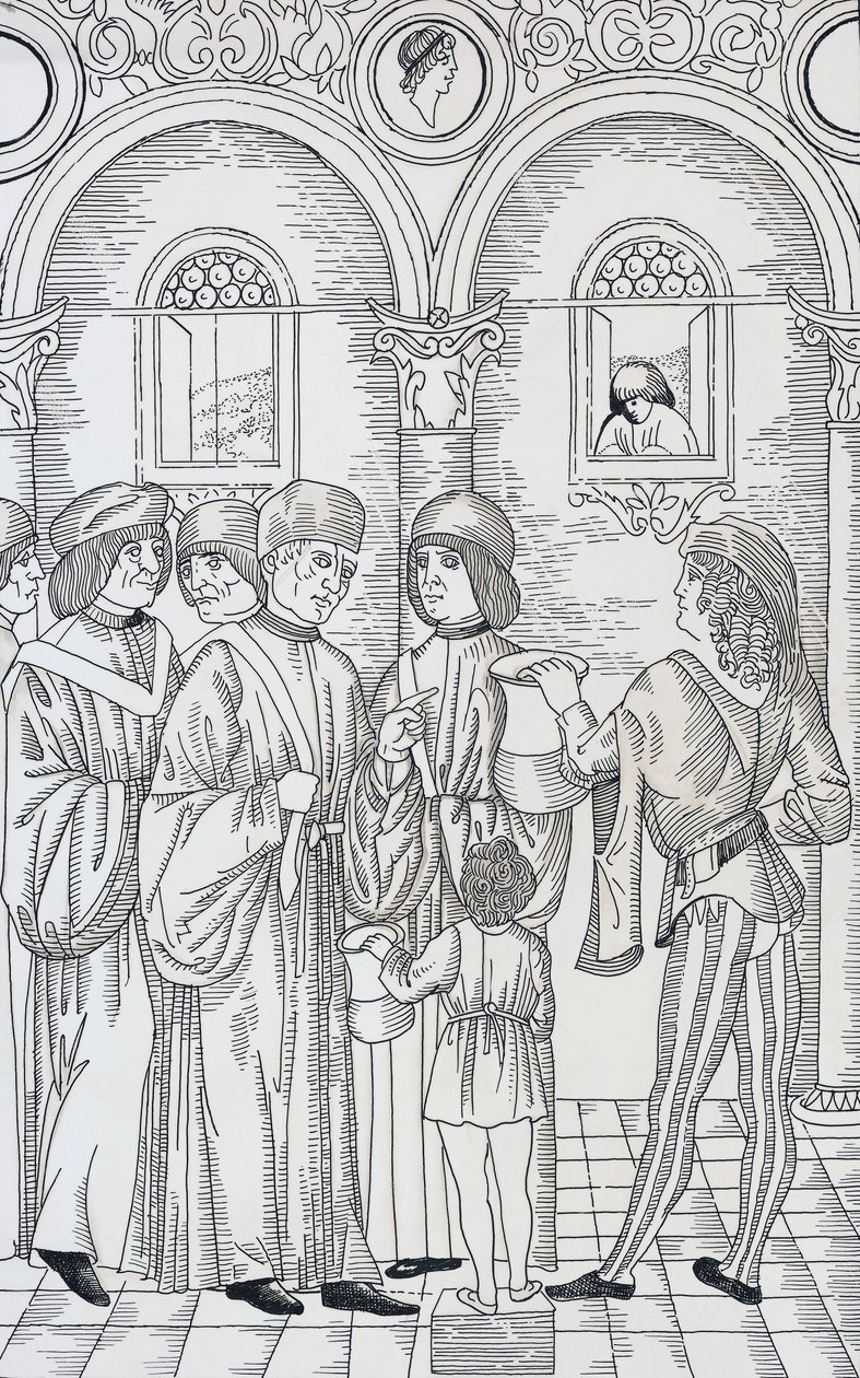 Médico examinando a urina dos pacientes, xilogravura de Unknown artist