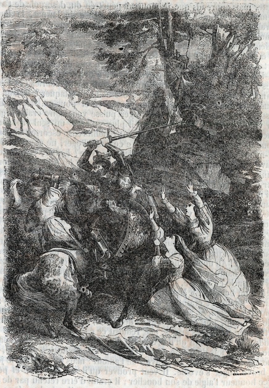 Doralice e Isabelle querem separar Mandricard e Zerbin - gravura de 1851 de “” Roland furieux ”” de Unknown artist