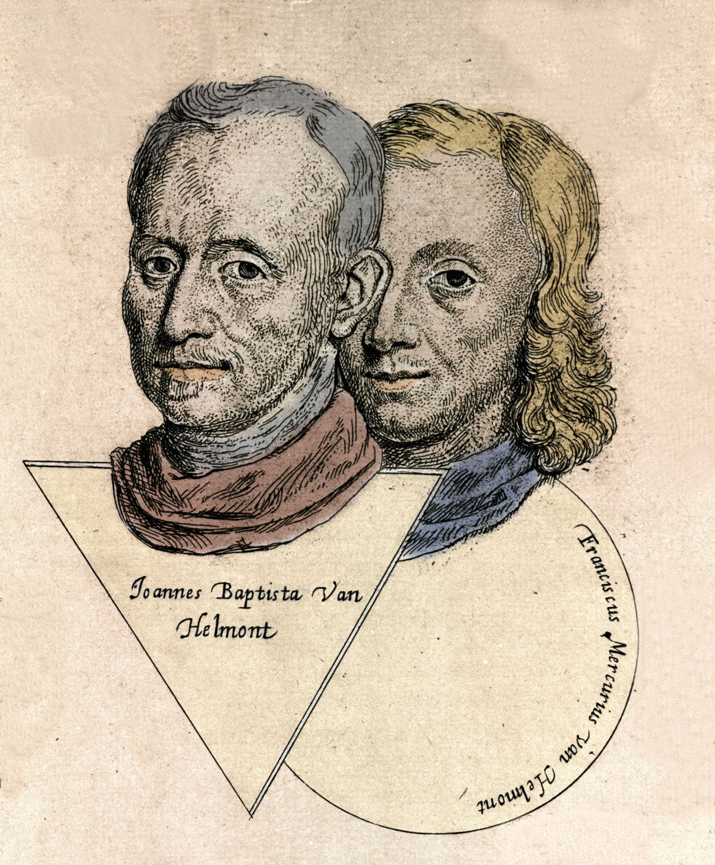 Retrato duplo do químico belga Jean Baptiste von Helmont (Jan Baptist van Helmont) (1577-1644) e François Mercure van Helmont (1614-1699). Gravação de Unknown artist
