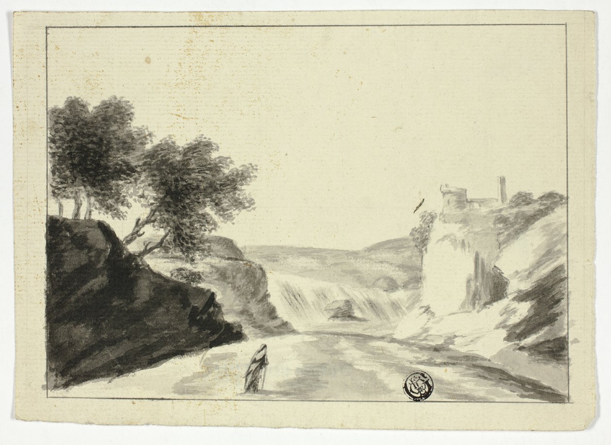 Figura drapejada na paisagem com castelo em um penhasco de Unknown artist