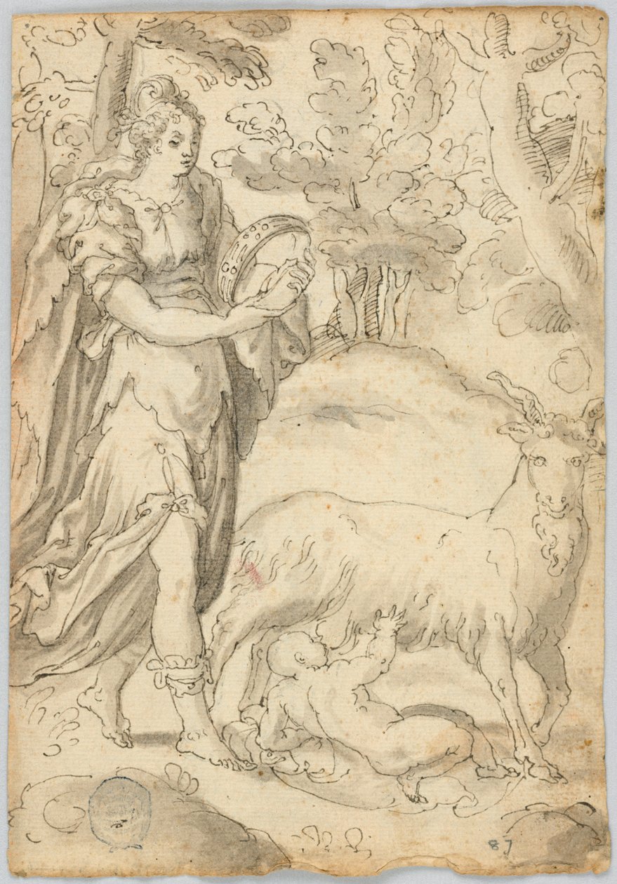 Desenho: A) Rhea e o bebê Júpiter. B) São Francisco de Assis de Unknown artist