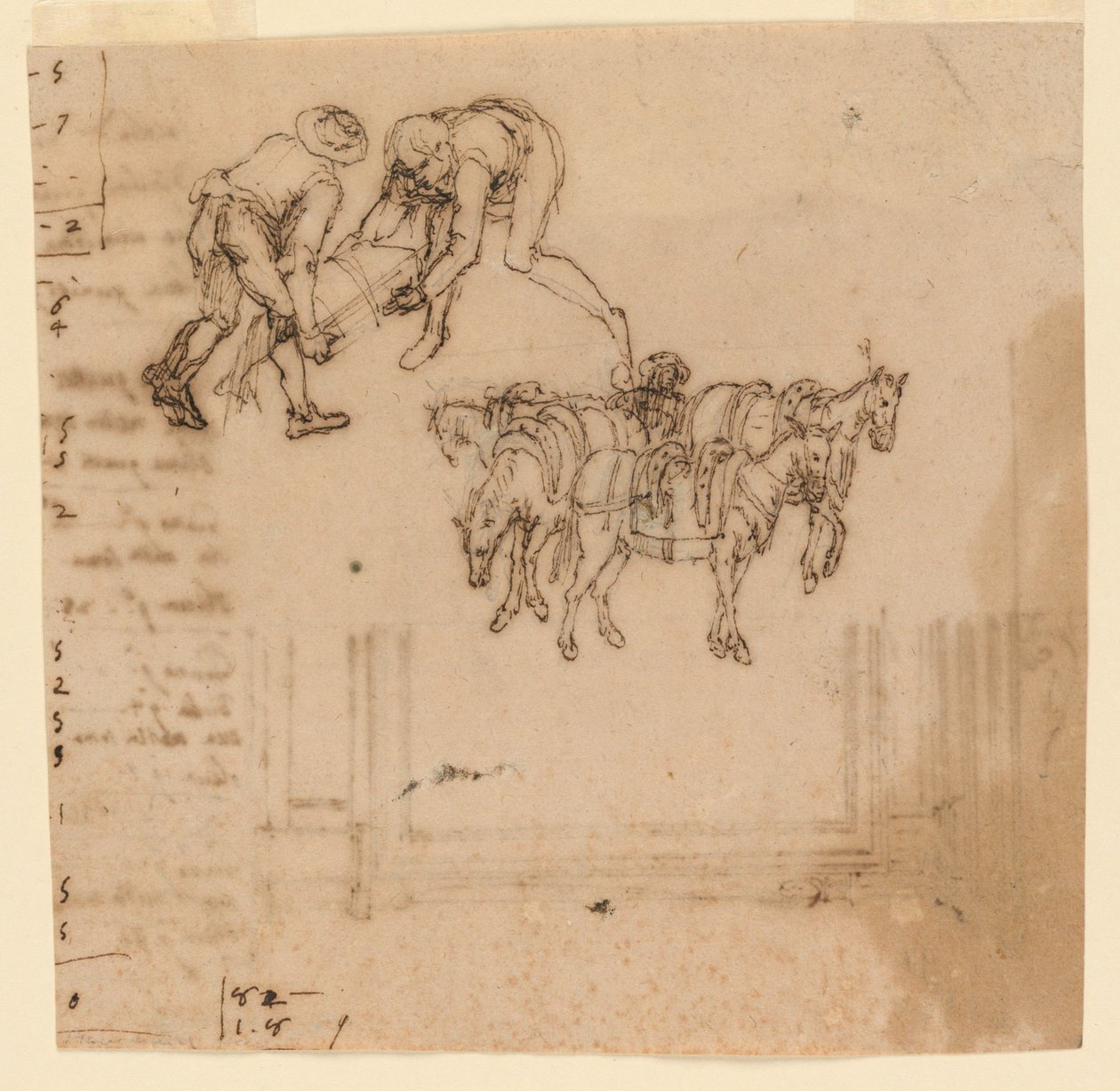 Desenho: A) Dois homens carregando um baú; quatro mulas com motorista. B) Projeto para um quadro de Unknown artist