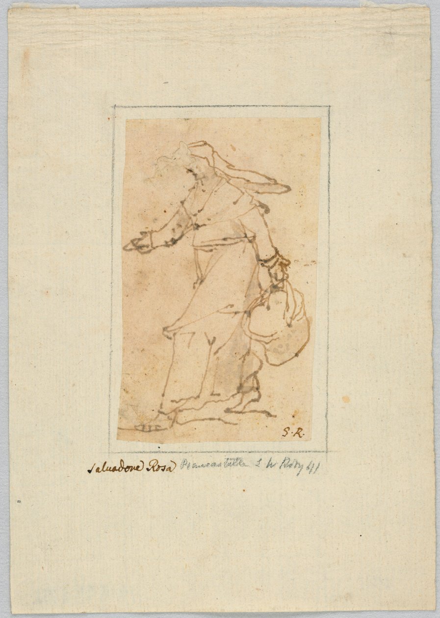 Desenho: Esboço de uma mulher andando e carregando uma cesta de Unknown artist