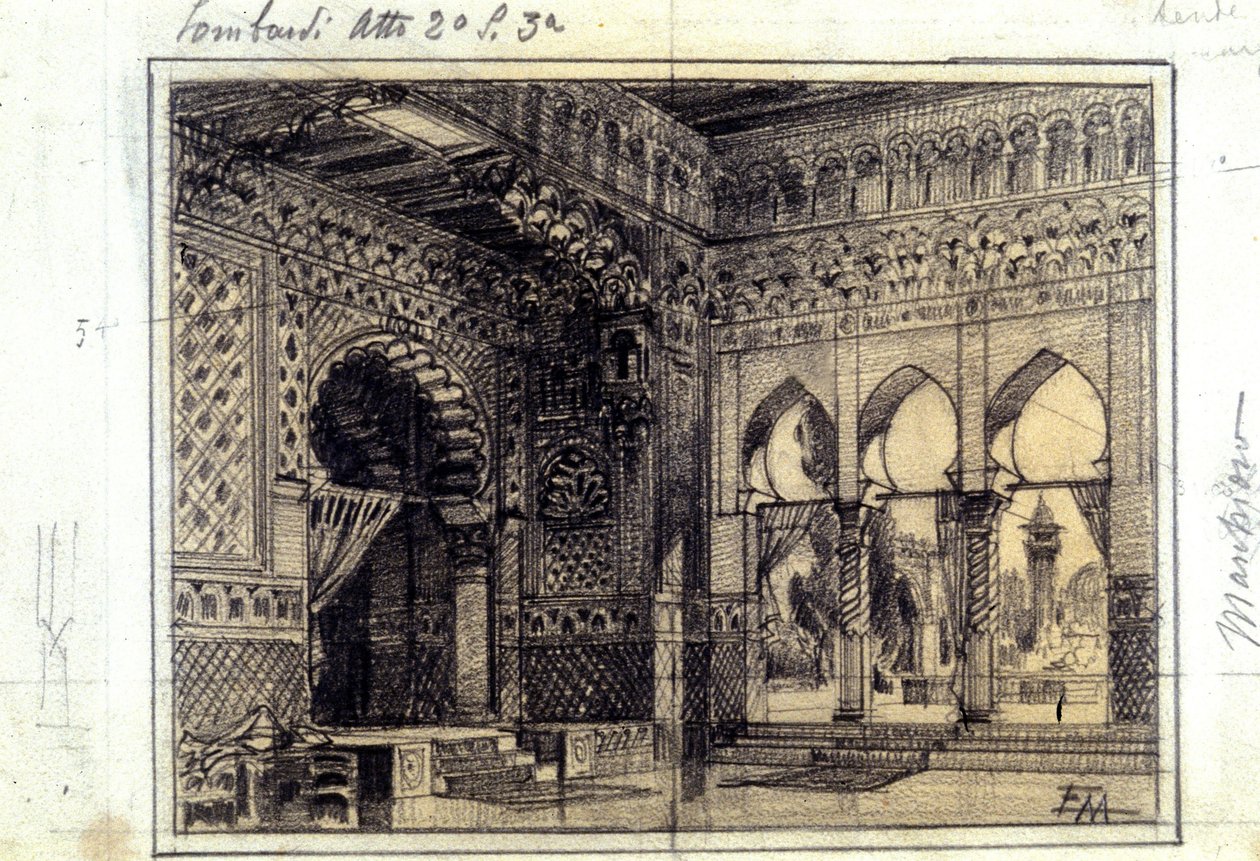 Desenho para a decoração da cena 3 do Acto II da ópera "I Lombardi" ou "Os Lombardos na Primeira Cruzada" composta por Giuseppe Verdi (1813 - 1901) em 1843. de Unknown artist