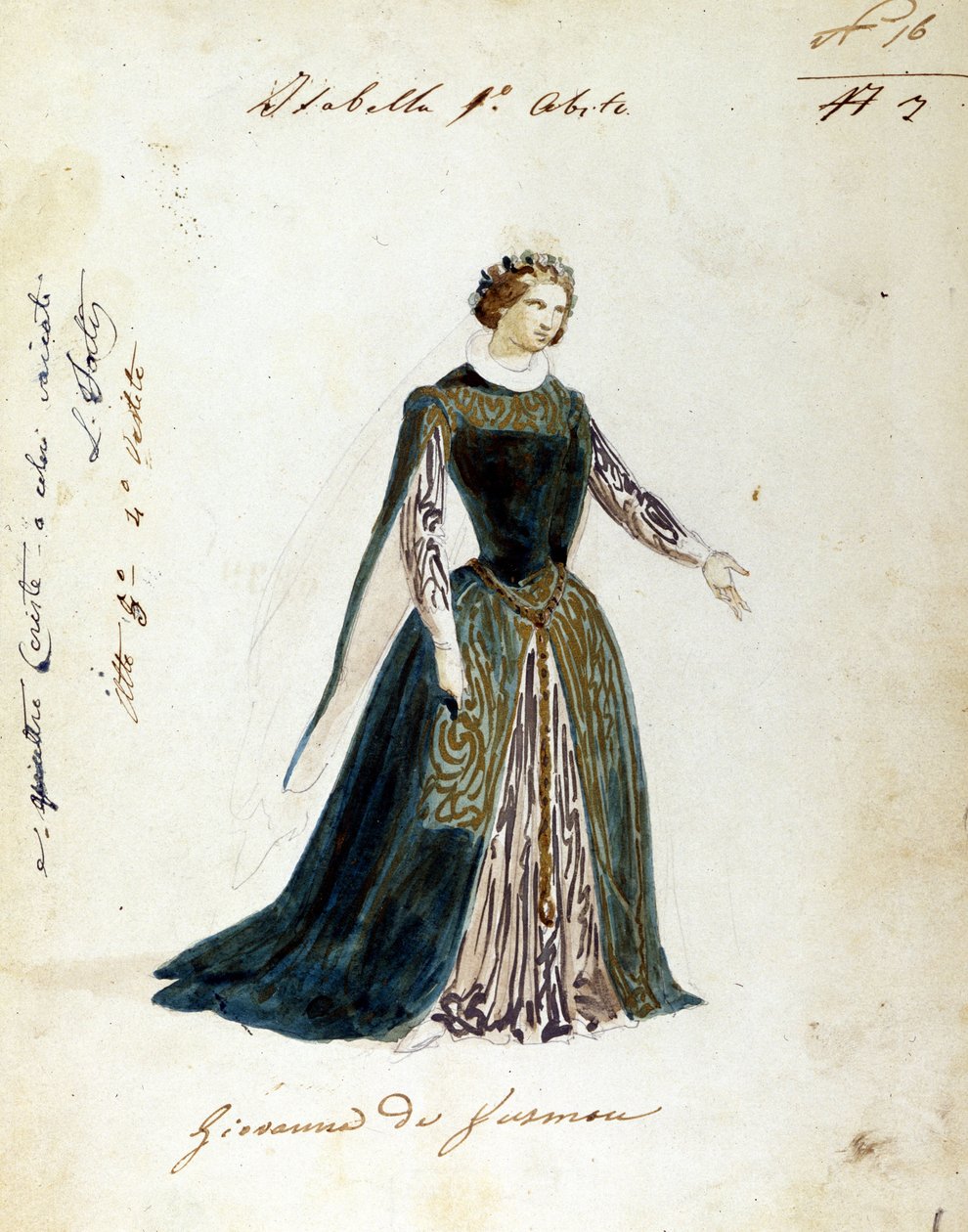 Desenho do traje da personagem de Isabella na ópera "I vespri siciliani" (As Vésperas Sicilianas) composta por Giuseppe Verdi. O título da ópera para a primeira representação foi "Giovanna da Guzman". Traje anônimo feito para o Scala Theatre de Unknown artist