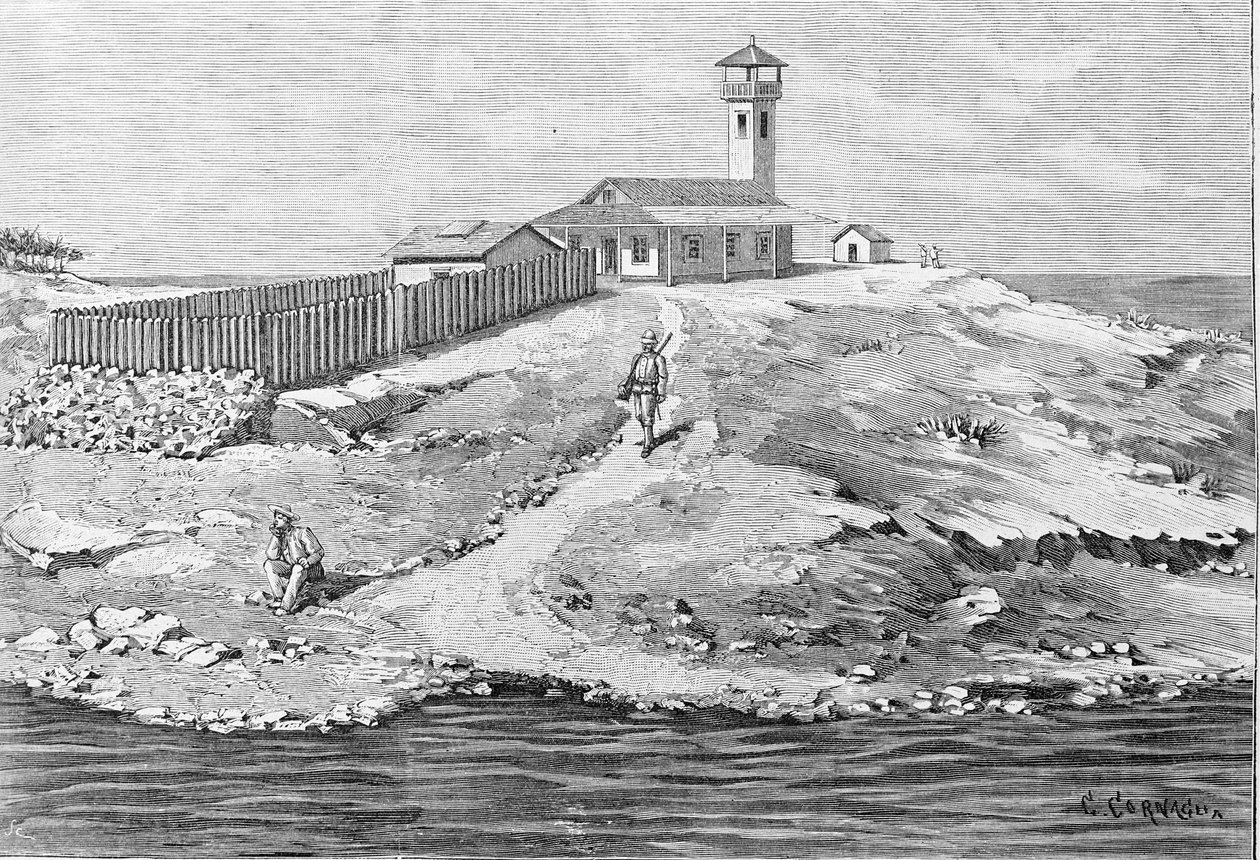 O caso Dreyfus: Capitão Alfred Dreyfus (1859 - 1935) deportado para a Ilha do Diabo (1895 - 1899) na Guiana. Gravura. de Unknown artist