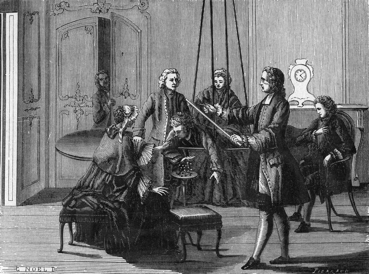 Experiência Dufay. Charles François Du Fay (Dufay?) (1698 - 1739), um químico e físico francês, mostrou que as faíscas elétricas podem ser tiradas do corpo humano. Gravura do Álbum de Ciências. França do século XIX. de Unknown artist
