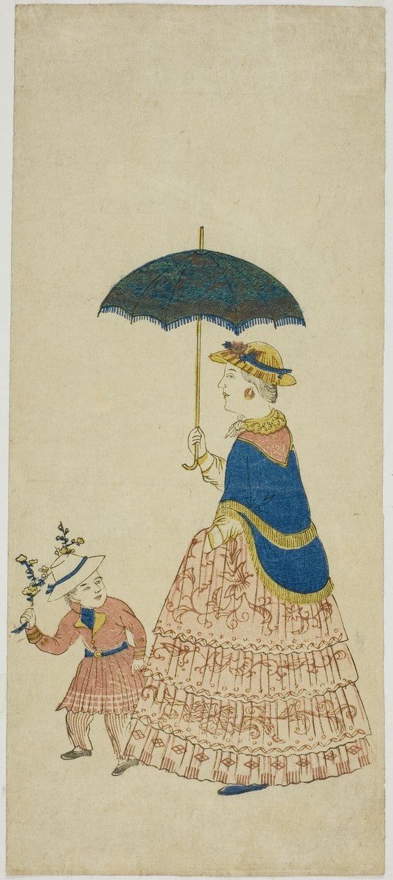 Senhora holandesa a carregar um guarda-sol com um rapazinho 阿蘭陀婦人と子供 (Orando fujin to kodo mo) de Unknown artist