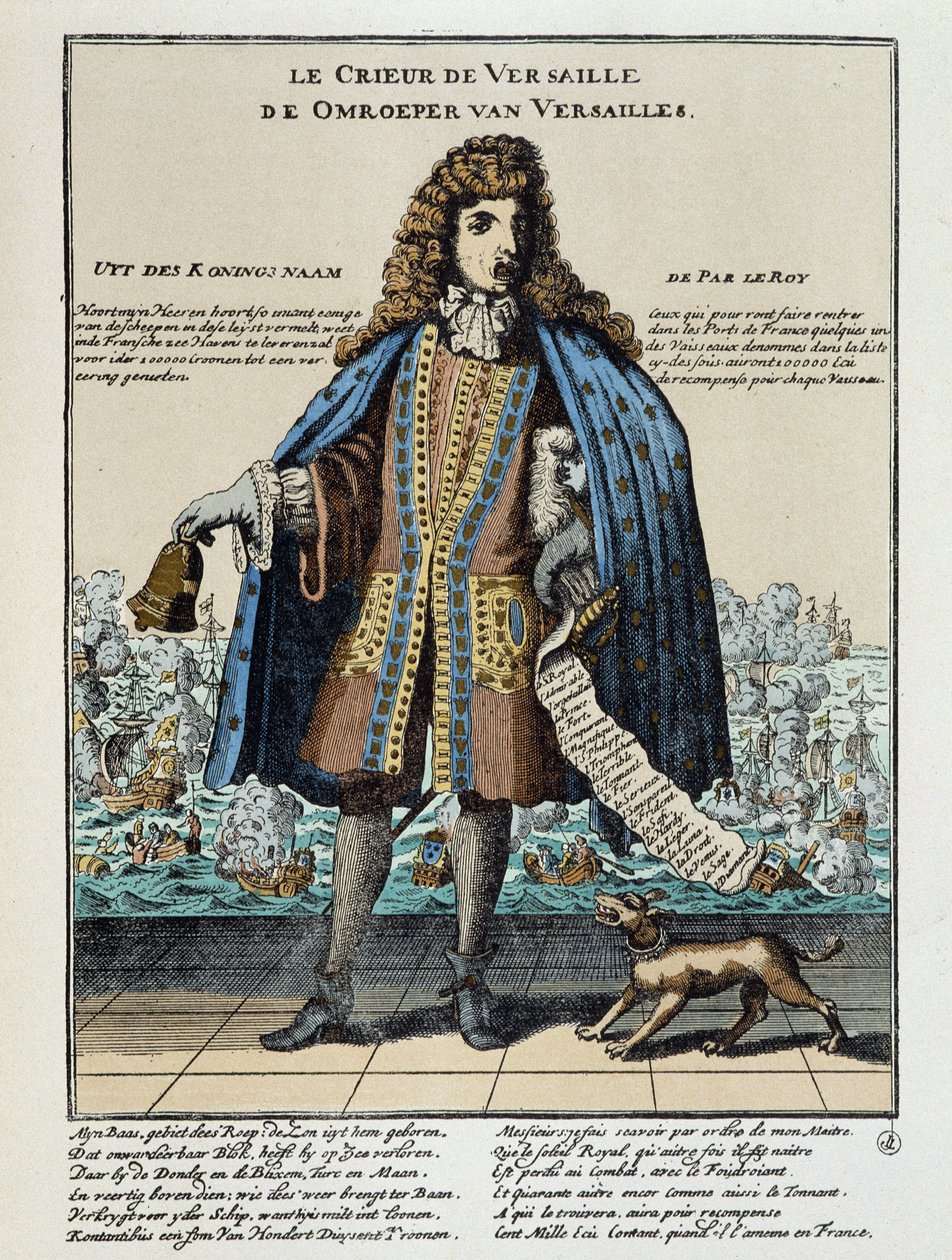 Impressão satírica holandesa contra Luís XIV: Batalha da Houga ou da frota francesa, armada para restaurar Jacques II e comandada por Anne Hilarion de Costentin (Cotentin), Conde de Tourville (1642-1701), foi derrotada e parcialmente destruída em 29 de Mai de Unknown artist