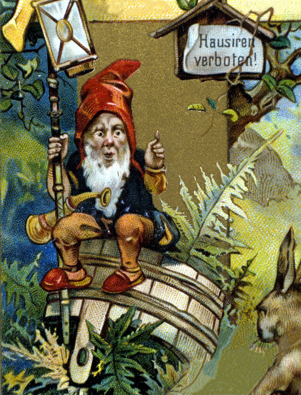 Anão ou farfadet com lanterna. Cromolitografia do século XIX. de Unknown artist