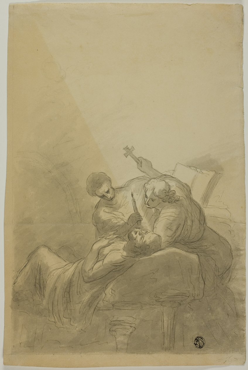 Homem moribundo atendido por duas figuras segurando vela, livro e cruz de Unknown artist