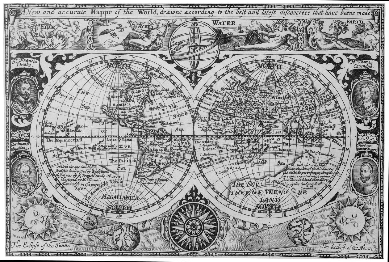 Mapa-múndi do início do século XVII, segundo Mercator, com retratos inseridos de exploradores (Drake, Magalhães, Thomas Cavendish e Oliver van der Nort), dos elementos e de eclipses de Unknown artist