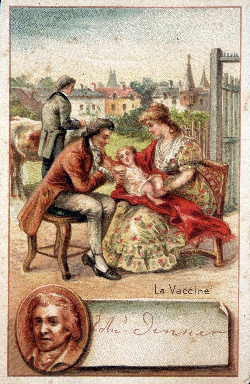 Edward Jenner (1749-1823), um médico inglês, inocula uma criança com o vírus da varíola em 1796. de Unknown artist