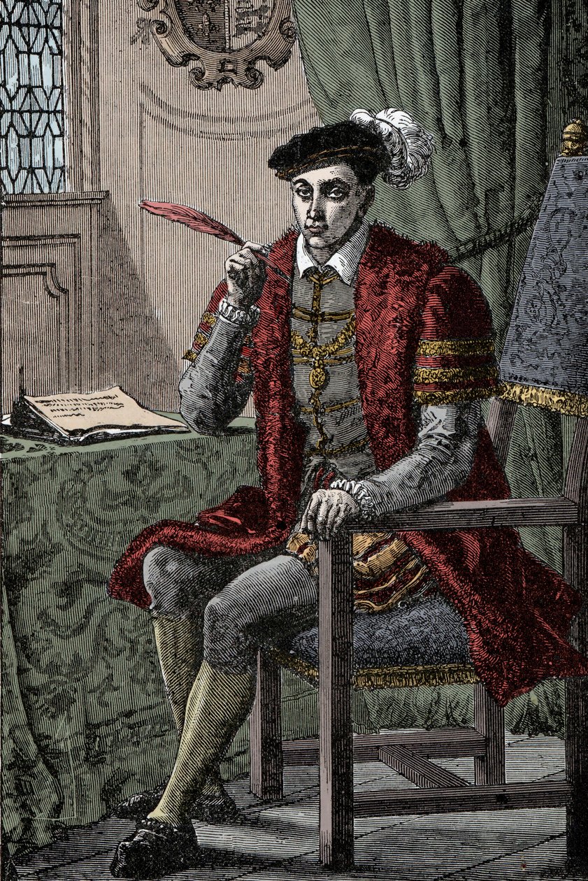 Edward VI escrevendo seu Jornal - Rei Edward VI (1537-1553) escrevendo seu Jornal de Unknown artist