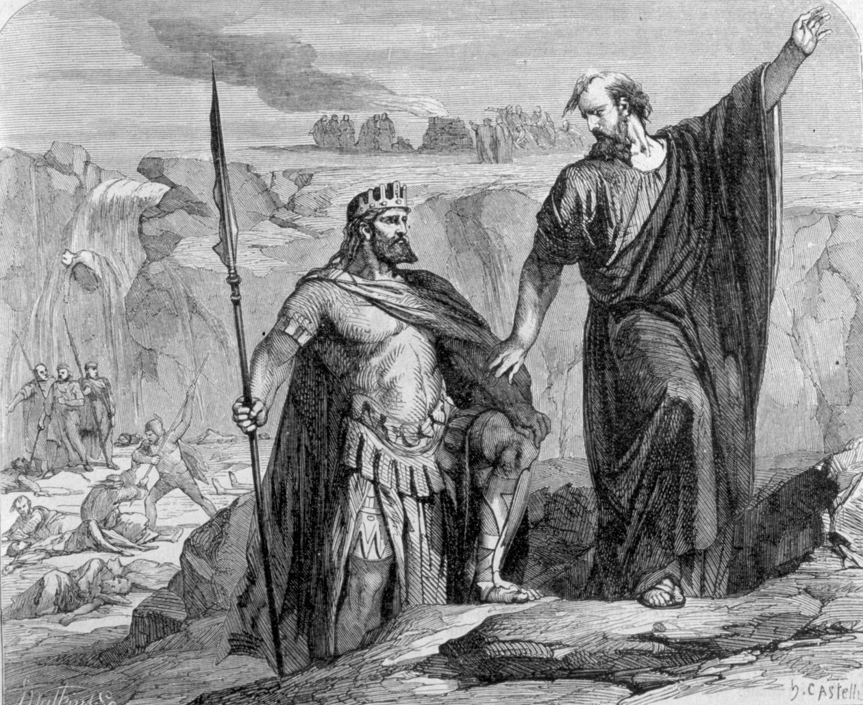 Elijah avisou Ahab que a chuva está iminente. No fundo vemos a adoração de Baal (Ba