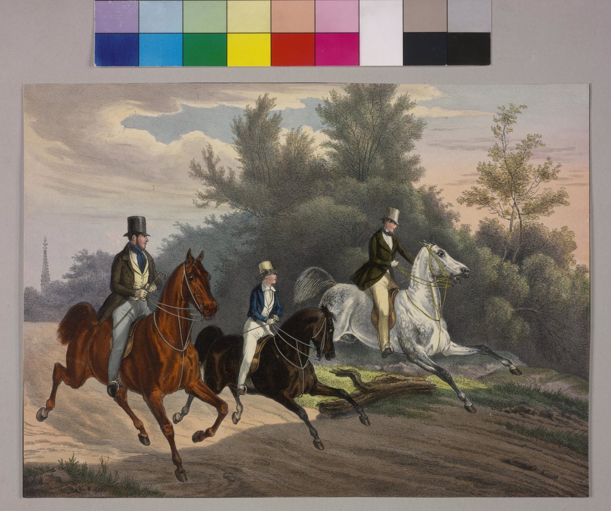O imperador Francisco José passeia a cavalo com dois acompanhantes pelo Prater de Unknown artist