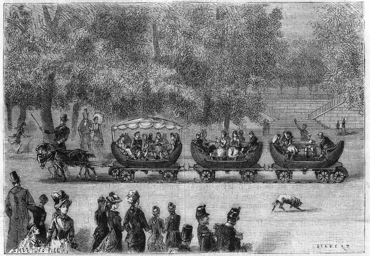 Trilhos sem fim adaptados a um comboio de carros puxados por cabras no Jardim das Tuileries em Paris (por natureza). Gravura em "La Nature: Revue des sciences et de leurs applications aux arts et a l