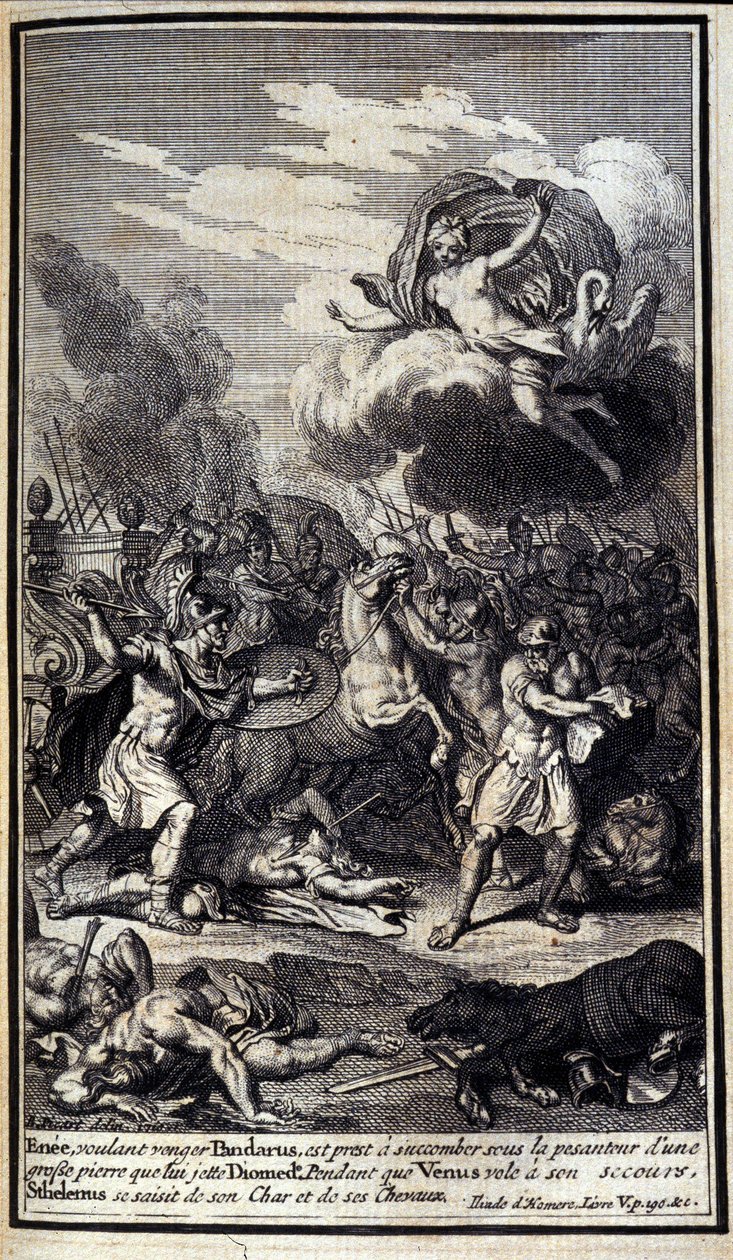 Enee, querendo vingar Pandaros, está pronto para sucumbir sob a gravidade de uma grande pedra que Diomede atira. Enquanto Vênus voa em seu resgate, Sthelenos agarrou sua carruagem e seus cavalos. Ilustração do livro V da Ilíada de Homero, edição francesa de Unknown artist