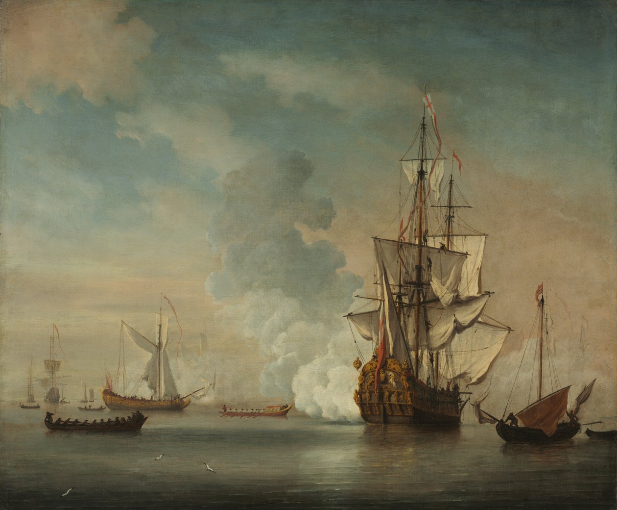 Navio de guerra inglês disparando uma saudação de Unknown artist