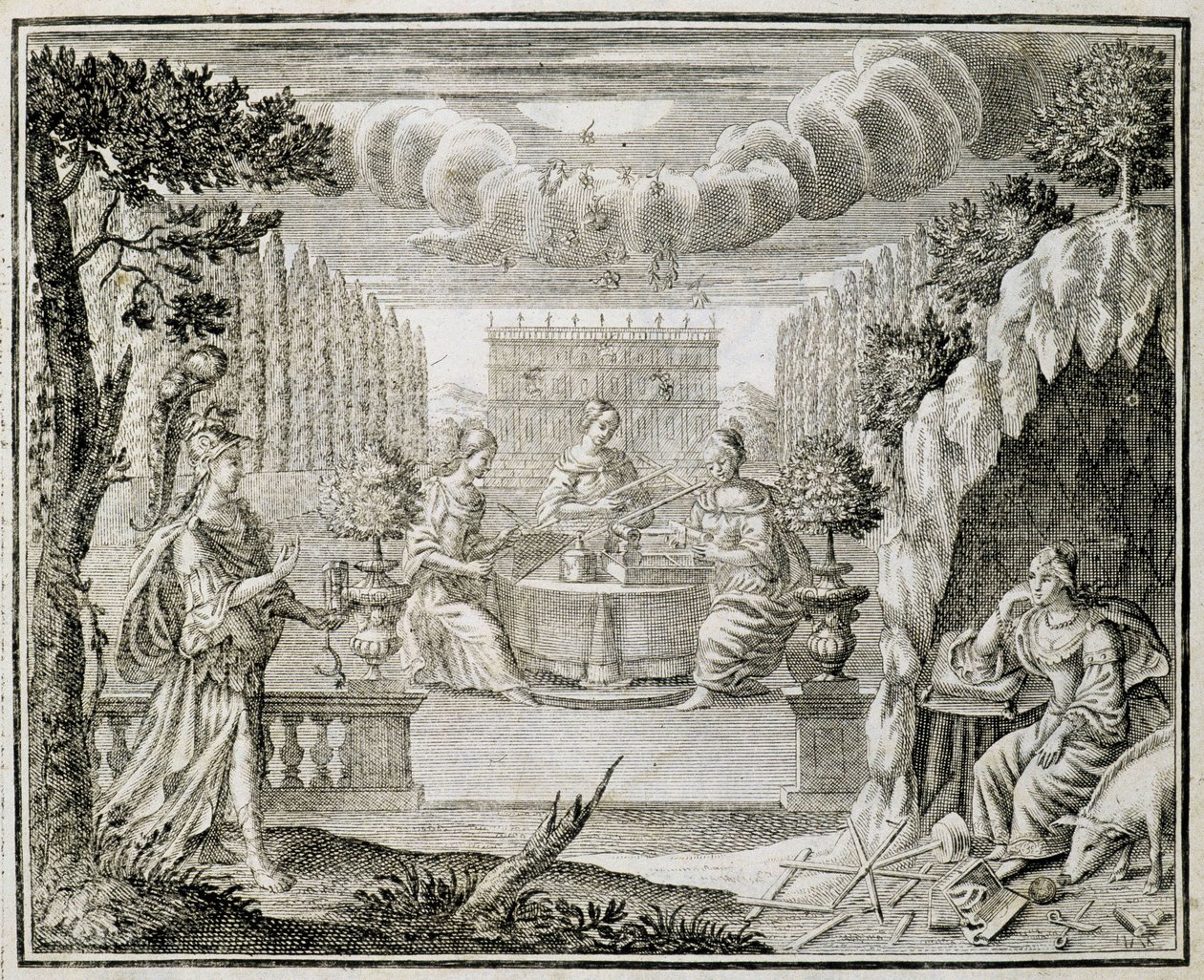 Gravura representando mulheres trabalhando em um tear. Início do século XVIII. de Unknown artist