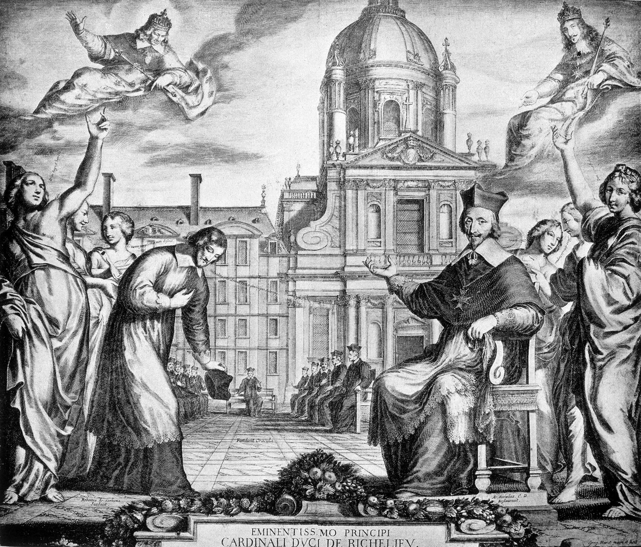 Gravura para a glória do Cardeal Richelieu para o restabelecimento da Sorbonne em Paris, encomendada a Lemercier, concluída em 1642. de Unknown artist