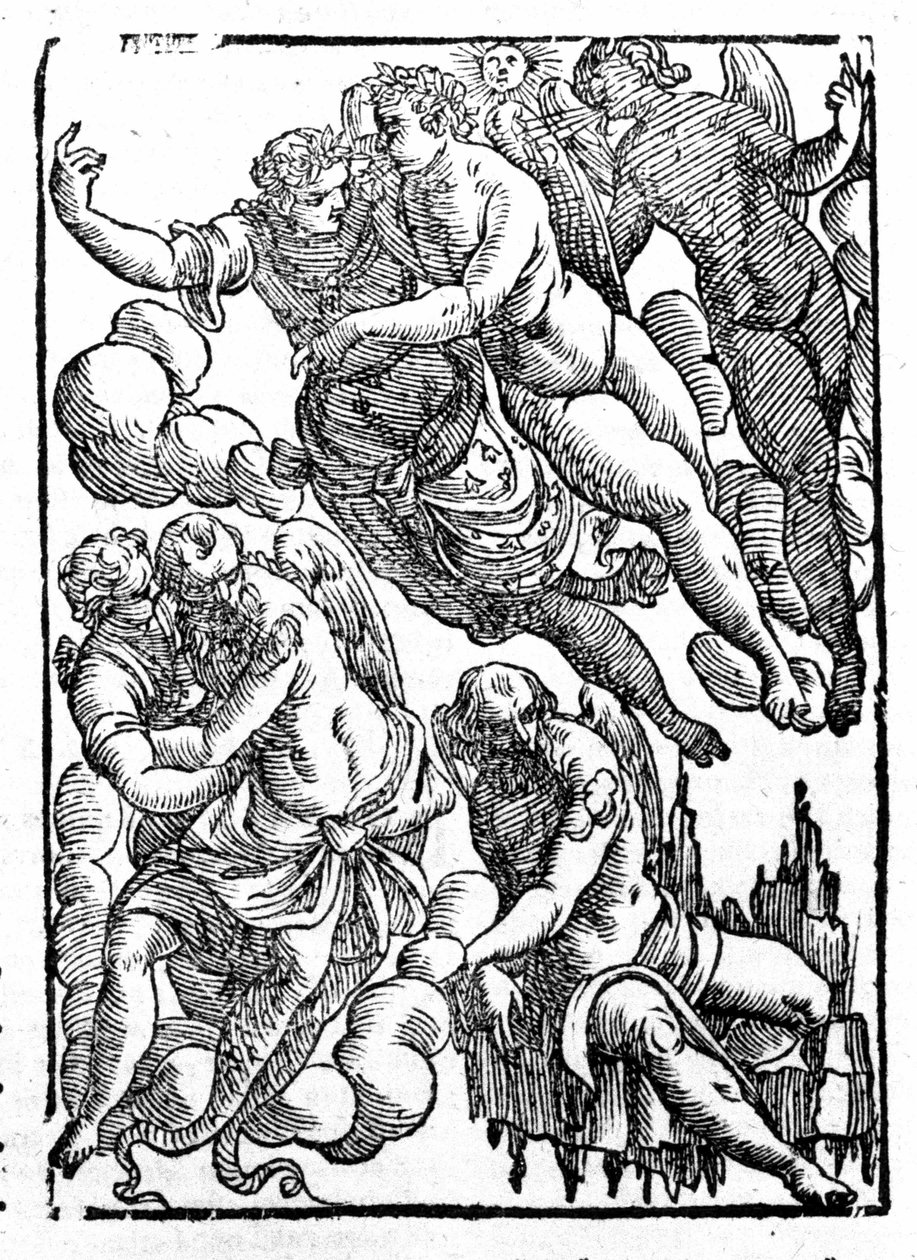 Eole (inferior direito) e ventos. "Mythologiae sive explicationes fabularum" da Natalis Comitis. Pádua 1677. de Unknown artist