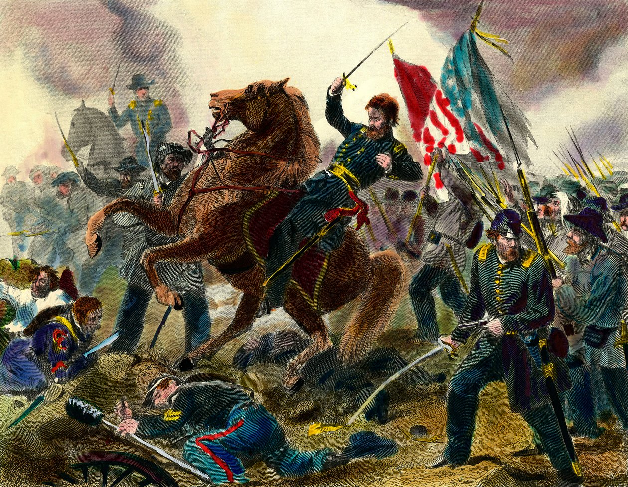 Episódio da Guerra da Secessão (1862-1865) ou Guerra Civil nos Estados Unidos: General Americano das Forças da União Ulysses Simpson Grant (1822-1885) durante uma batalha contra as tropas dos Estados da Confederação. Gravura do Colectivo Privado do século  de Unknown artist