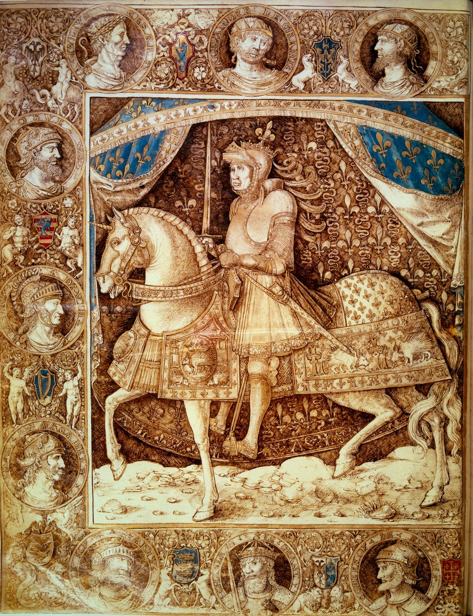 Retrato equestre de Luís XII (1462 - 1515), Rei de França. Miniatura em "Crónicas", Folio 1v, de Enguerrand de Monstrelet (1390? -1453), v.1510. Paris BN de Unknown artist
