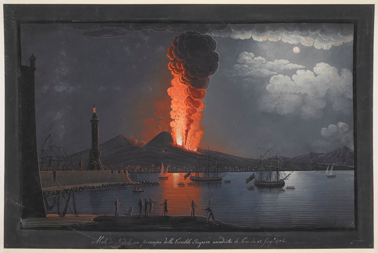 Erupção do Monte Vesúvio.
Cena nocturna, com um grupo de figuras contemplando a erupção do Monte Vesúvio do lado oposto da Baía de Nápoles, farol à esquerda, navios a navegar à direita e cidade e vulcão ao fundo; dentro da moldura p de Unknown artist