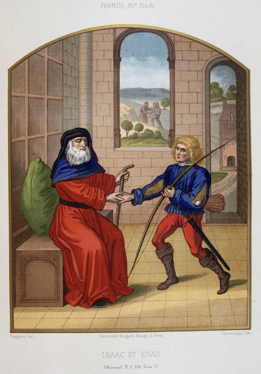Esaú com as suas armas de caça e o seu pai Isaac. A cromolitografia do século XIX. de Unknown artist