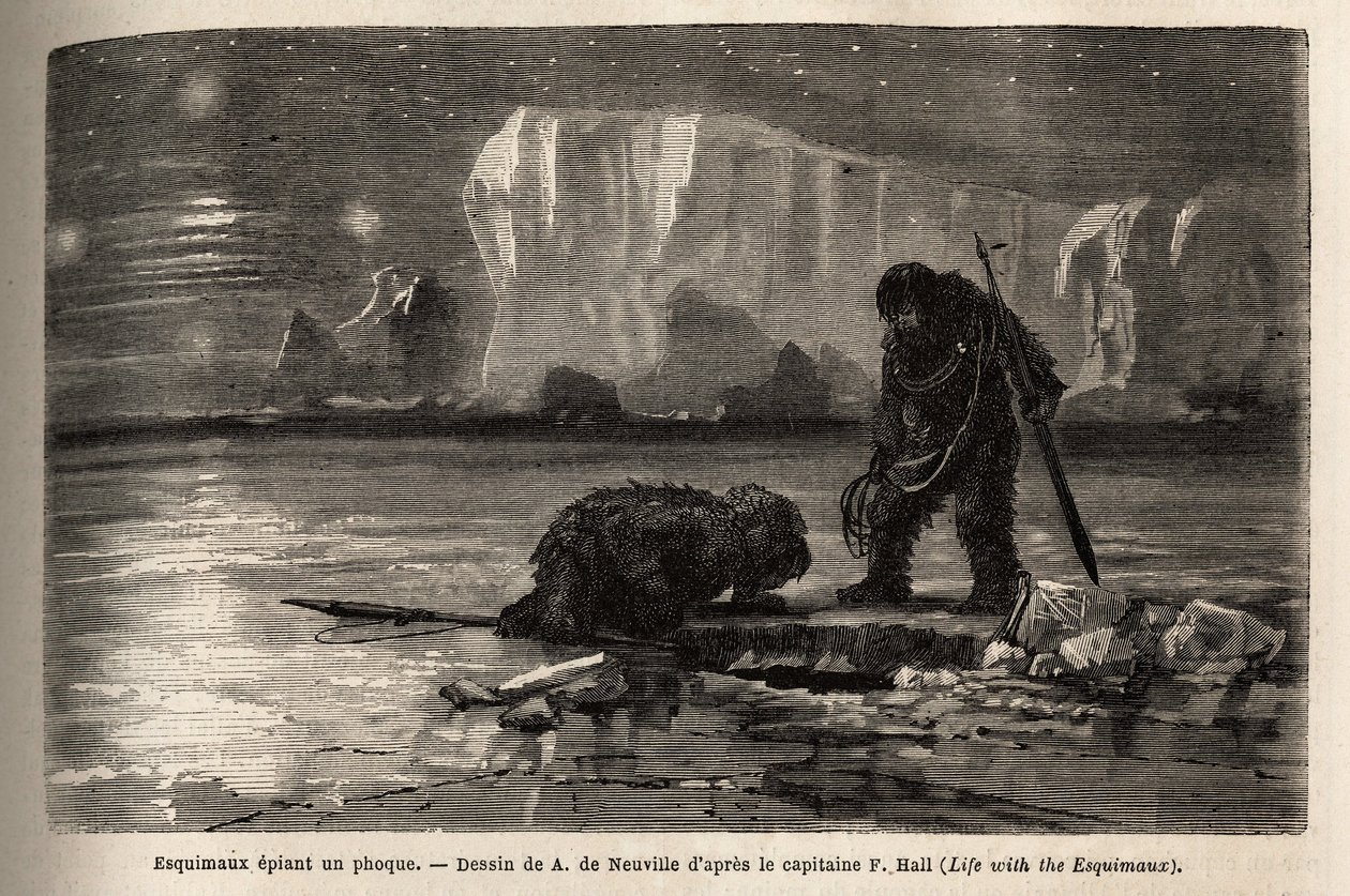 Caçadores esquimais espiando uma foca através de um buraco oco na bolsa de gelo, esperando no túmulo da noite para arpoá-la. Gravura para ilustrar a viagem ao mar livre do pólo Ártico, pelo Dr. Hayes, cirurgião da Marinha dos Estados Unidos, em 1860-1862, de Unknown artist