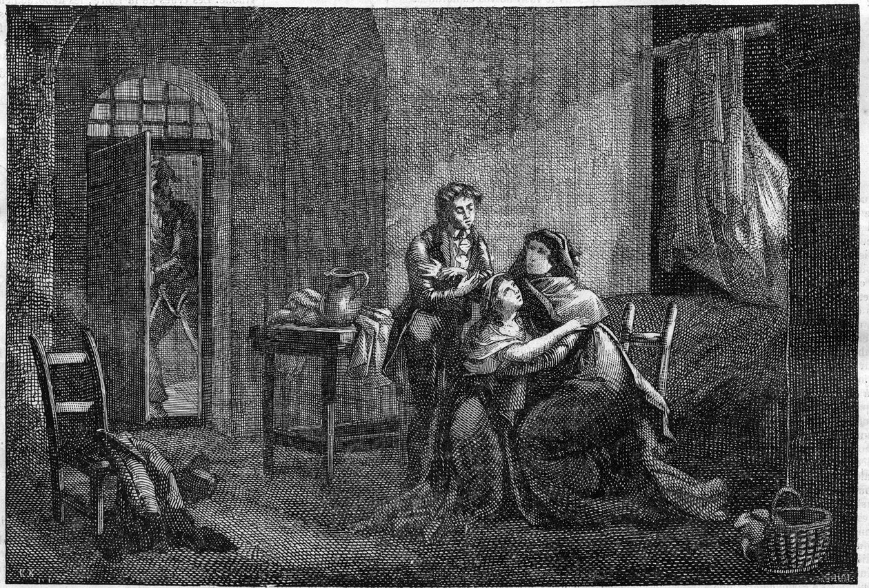 Eugene e Hortense Beauharnais consolando a sua mãe Josephine de Beauharnais na sua prisão (Prison des Carmes) de Unknown artist
