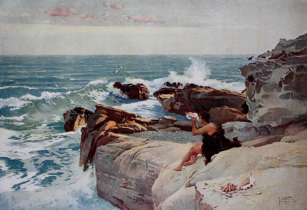Noite junto ao mar, Jovem com uma grande concha sentado na costa de Unknown artist