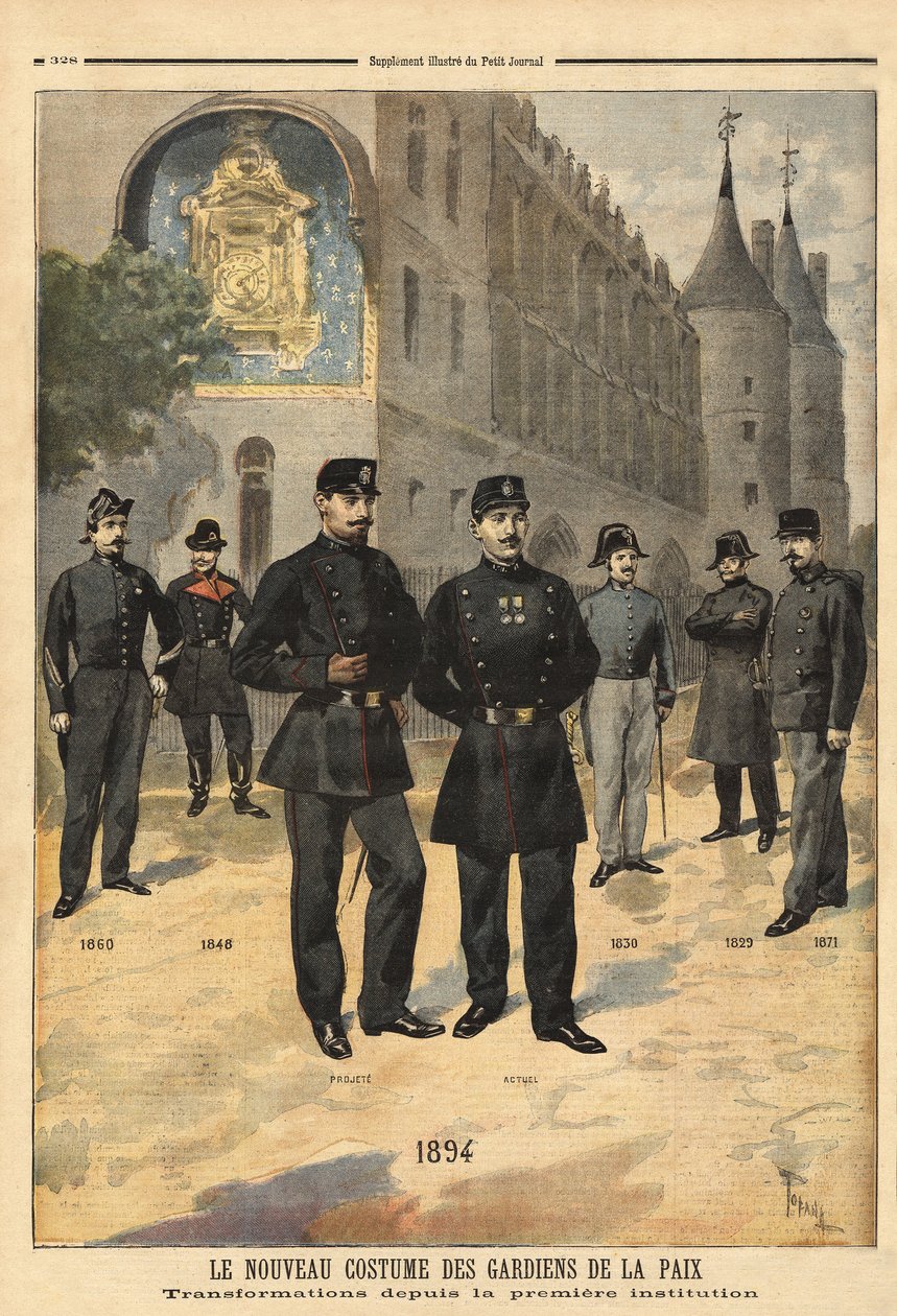 Evolução dos uniformes dos soldados da paz (ou sargentos da cidade) de 1860 a 1894, em frente à torre do relógio do Concierge, Paris. Gravação no "Le petit journal" 09/1894. Coleção da Selva. de Unknown artist