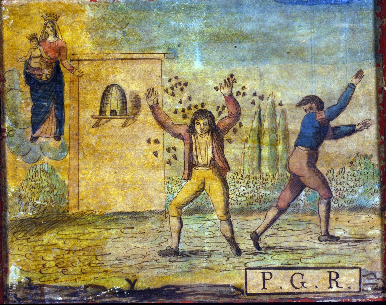 Ex voto do início do século XIX, representando uma pessoa atacada por abelhas. de Unknown artist