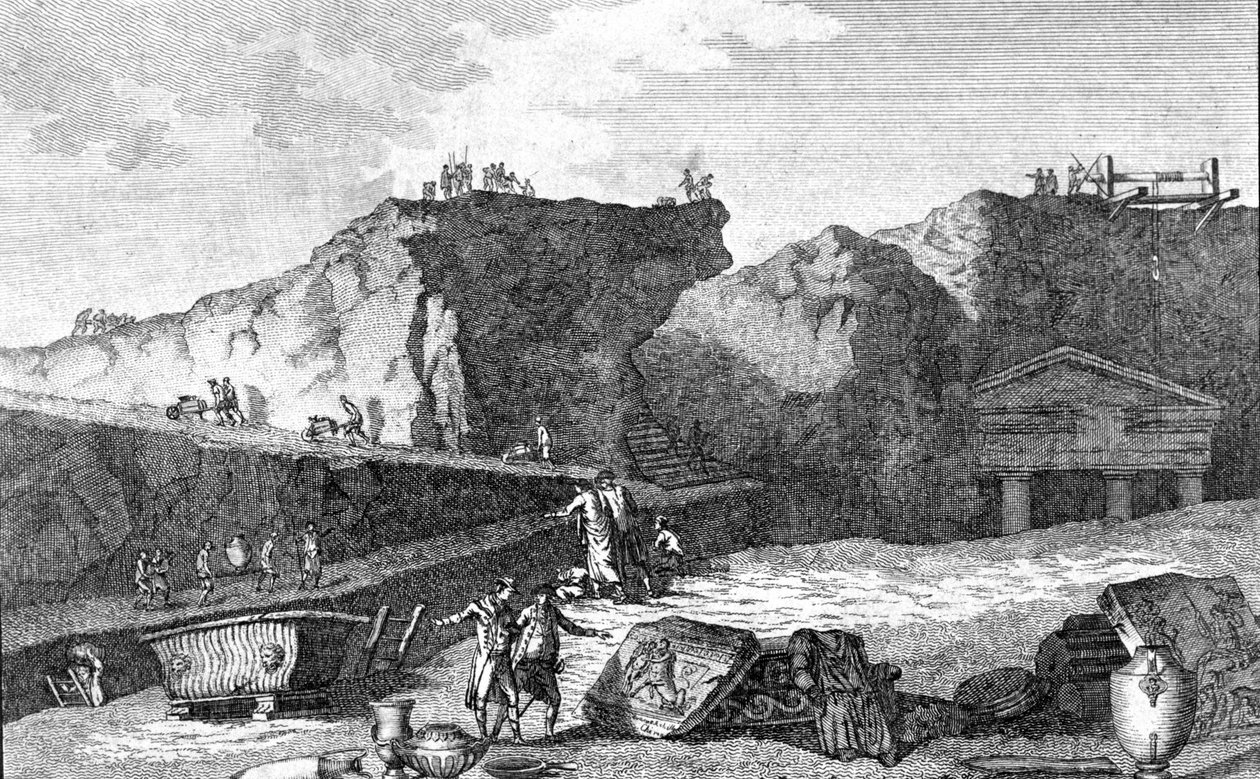 Escavações em Pompei. Gravação de Unknown artist