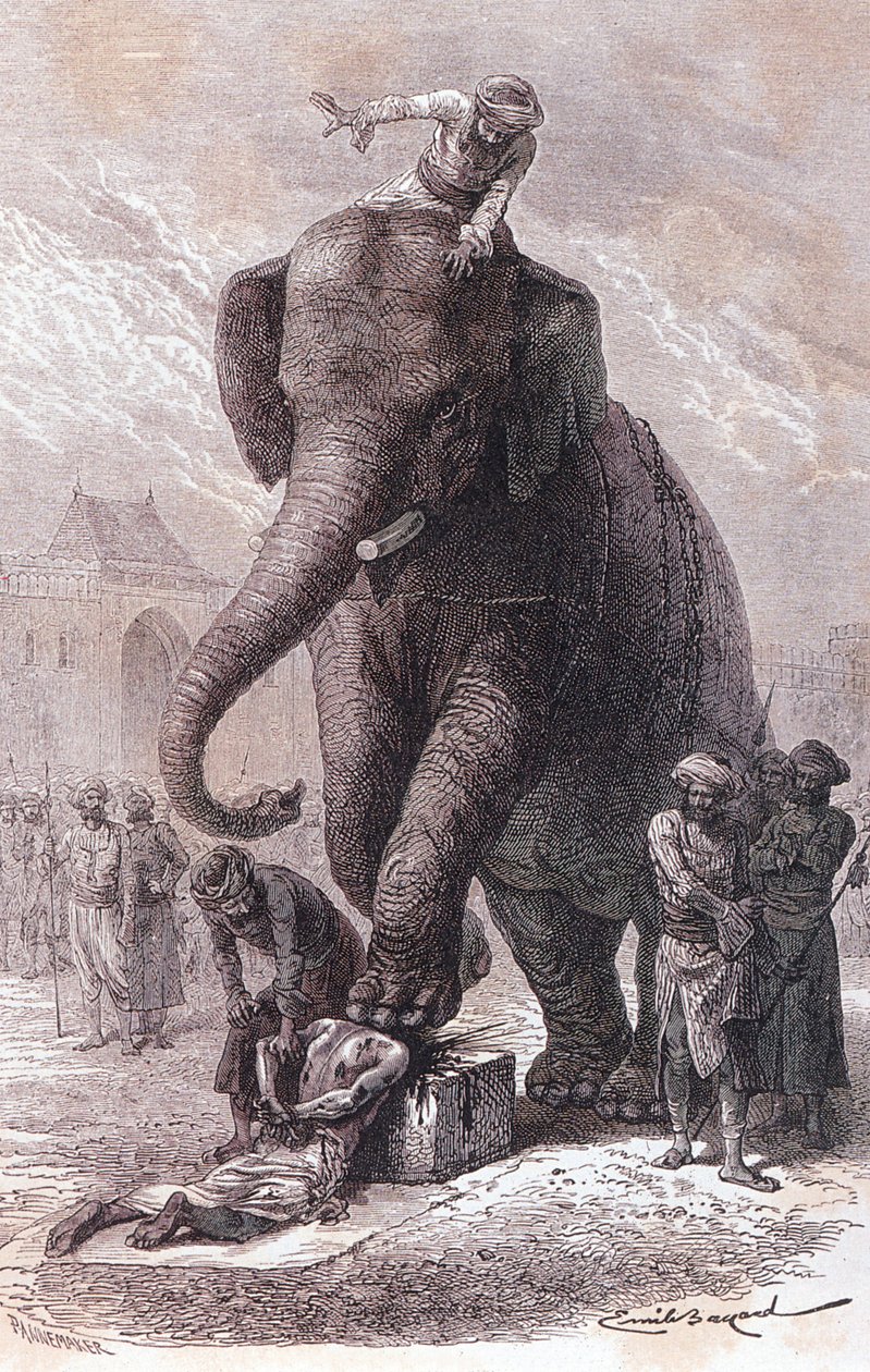 Execução na Índia: os criminosos são executados: as suas cabeças são esmagadas por um elefante conduzido pelo seu karnac, gravura de 1875 de Unknown artist
